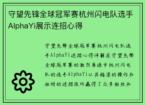 守望先锋全球冠军赛杭州闪电队选手AlphaYi展示连招心得
