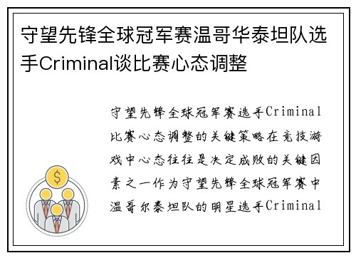 守望先锋全球冠军赛温哥华泰坦队选手Criminal谈比赛心态调整