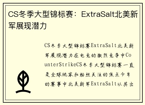 CS冬季大型锦标赛：ExtraSalt北美新军展现潜力